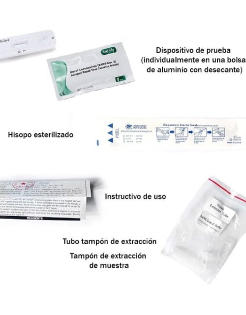 contenido del paquete PRUEBA RÁPIDA DE ANTÍGENOS SARS-COV2 REALY TECH (HISOPO) Caja con 5 Piezas