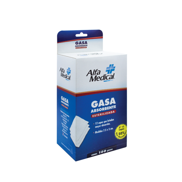 Alfa Medical | Gasa Absorbente Esterilizada 7.5 X 5 Cm (12 Capas) /100 Pz (Dispensador)
