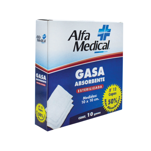 ALFA MEDICAL | GASA ABSORBENTE ESTERILIZADA 10 X 10 CM (12 CAPAS) / 10 PZ