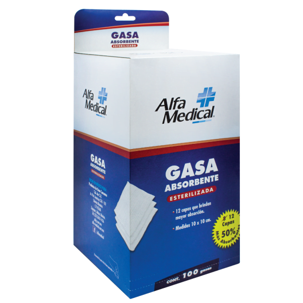 Alfa Medical | Gasa Absorbente Esterilizada 10 X 10 Cm (12 Capas) / 100 Pz (Dispensador)