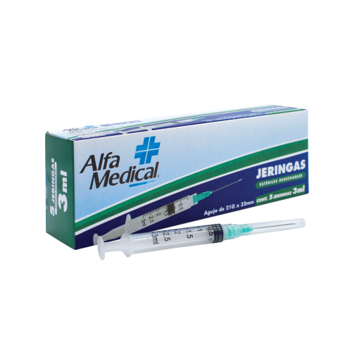 ALFA MEDICAL | JERINGAS ESTERILES DESECHABLES 3 ML VERDE (21G X 32MM) / 5 PZ
