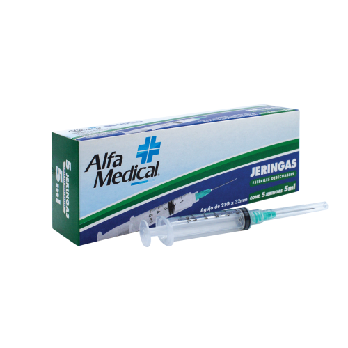 ALFA MEDICAL | JERINGAS ESTERILES DESECHABLES 5 ML VERDE (21G X 32MM) / 5 PZ