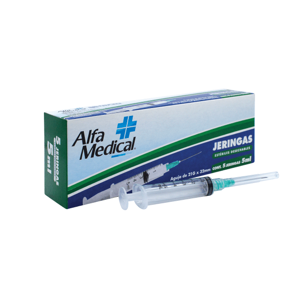 Alfa Medical | Jeringas Esteriles Desechables 5 Ml Verde (21G X 32Mm) / 5 Pz