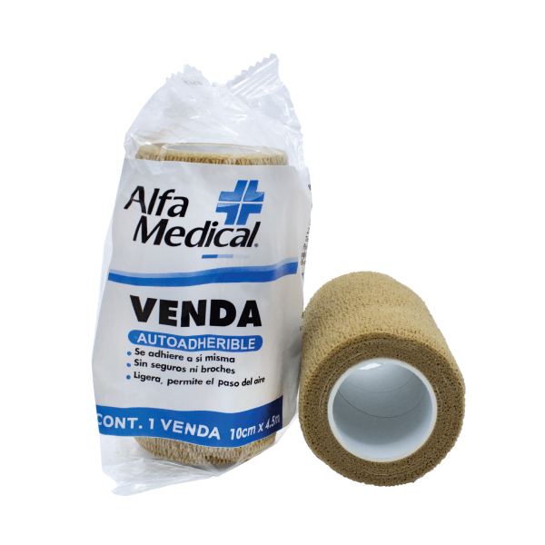 Alfa Medical | Venda Autoadherible 10 Cm X 4.5 Mt / Piel / Bolsa / 24 Pz