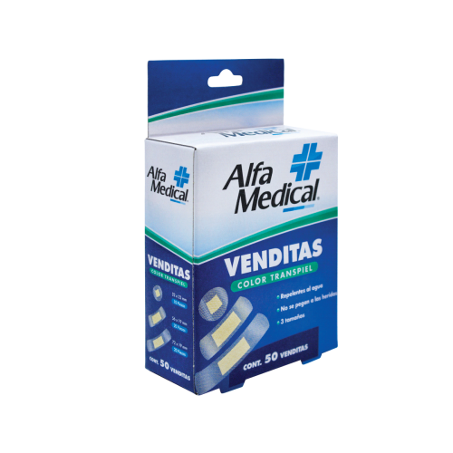 ALFA MEDICAL | VENDITAS ADHESIVAS 3 TAMAÑOS / TRANSPIEL / 50 PZ