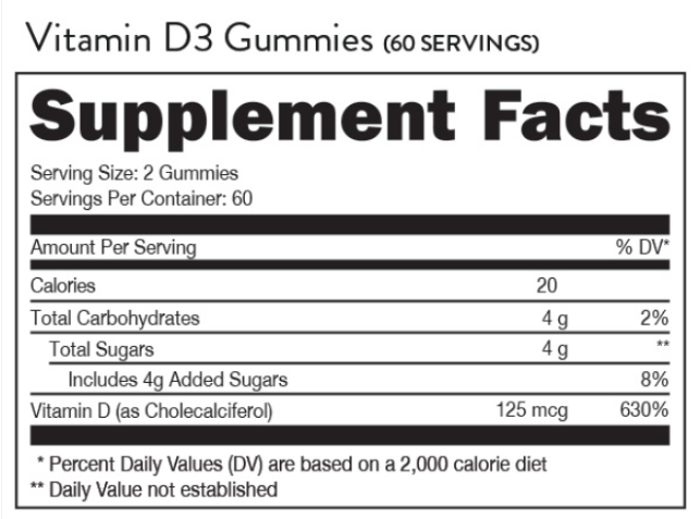 Gomitas Vitamin D3 Informacion Nutrimental