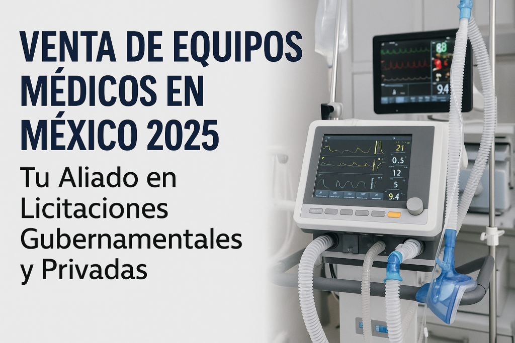 venta de equipos médicos en México 2025, imagen de ventilador hospitalario de alta tecnología con pantalla digital, representando licitaciones gubernamentales y privadas.