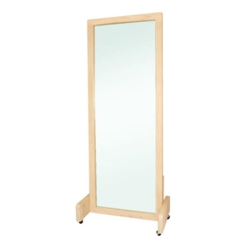 Full-length wooden-framed mirror on a mobile stand with small wheels on the base as a dressing mirror