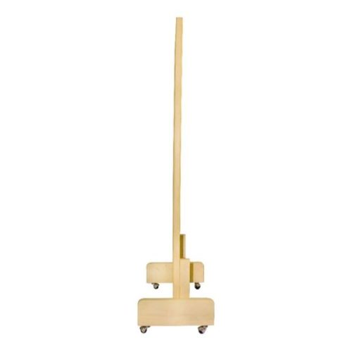 Tall wooden vertical pole mounted on a wheeled base, resembles a portable stand or easel