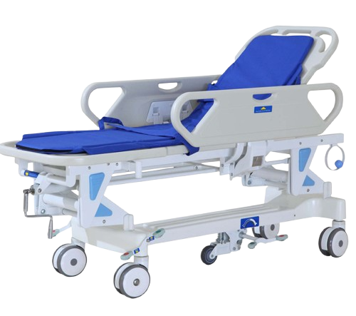 Adjustable hospital bed with blue cushions and side rails on wheels designed for patient care  ProSaludme   Pro Salud