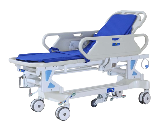 imageremovebgpreview 1 ProSaludme Pro Salud Adjustable hospital bed with blue cushions and side rails on wheels designed for patient care ProSaludme Pro Salud