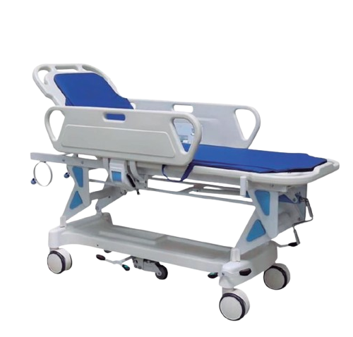 Medical patient transport stretcher on wheels with blue cushions and side rails used in hospitals and ambulances  ProSaludme   Pro Salud